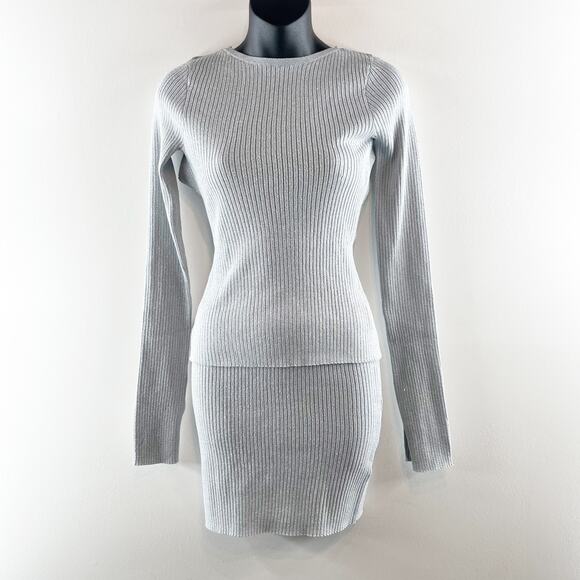 PrettyLittleThing Silver Glitter Knit Open Back Top and Mini Skirt Set S / M - Picture 5 of 12